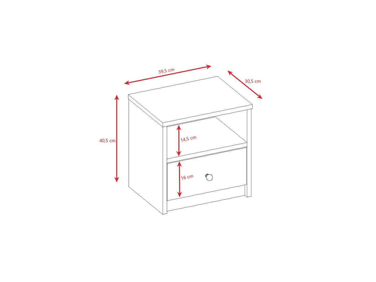 6. Size chart for Babydreams bedside table showing dimensions in centimeters