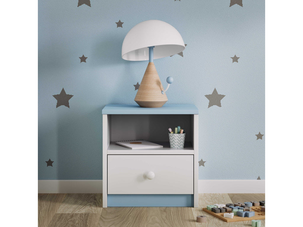 1. Children's white and blue bedside table with open shelf and drawer, styled with a lamp and decor in a star-themed room