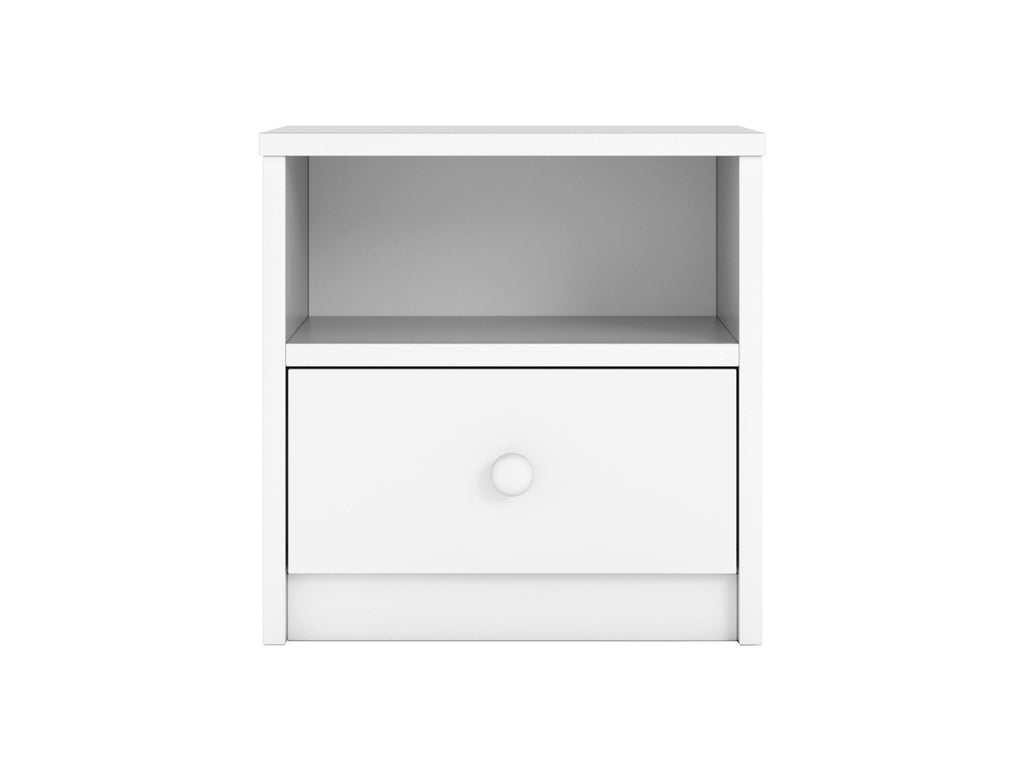10. Studio shot of white bedside table with open shelf and drawer