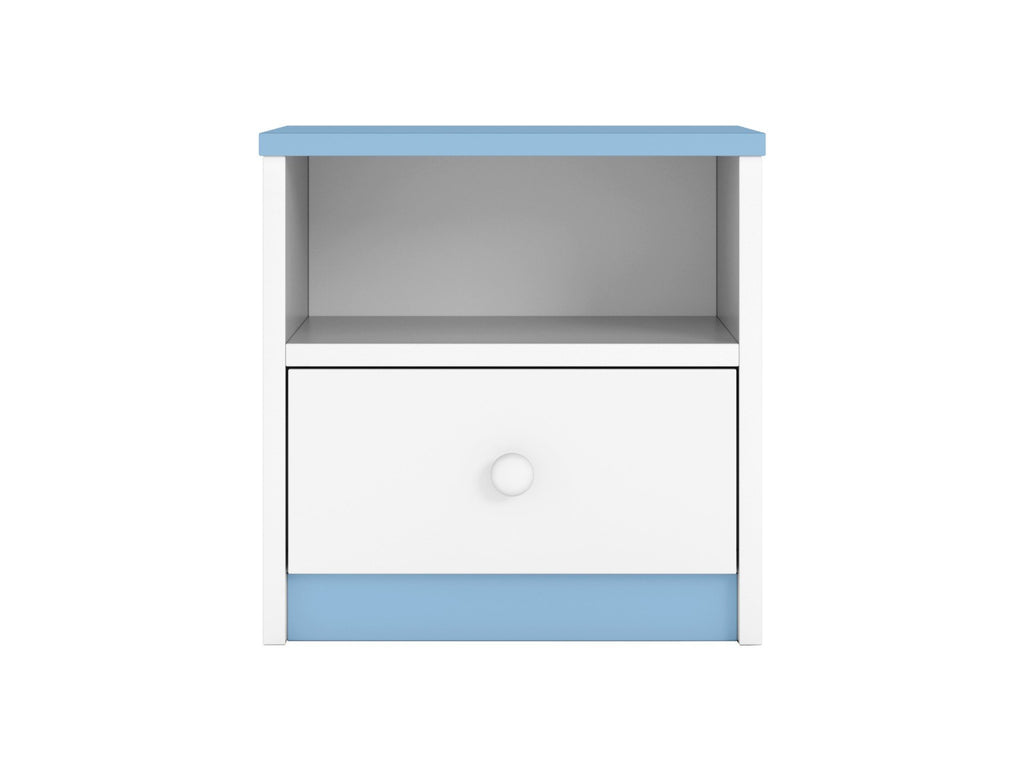 5. Studio shot of blue and white bedside table with open shelf and drawer