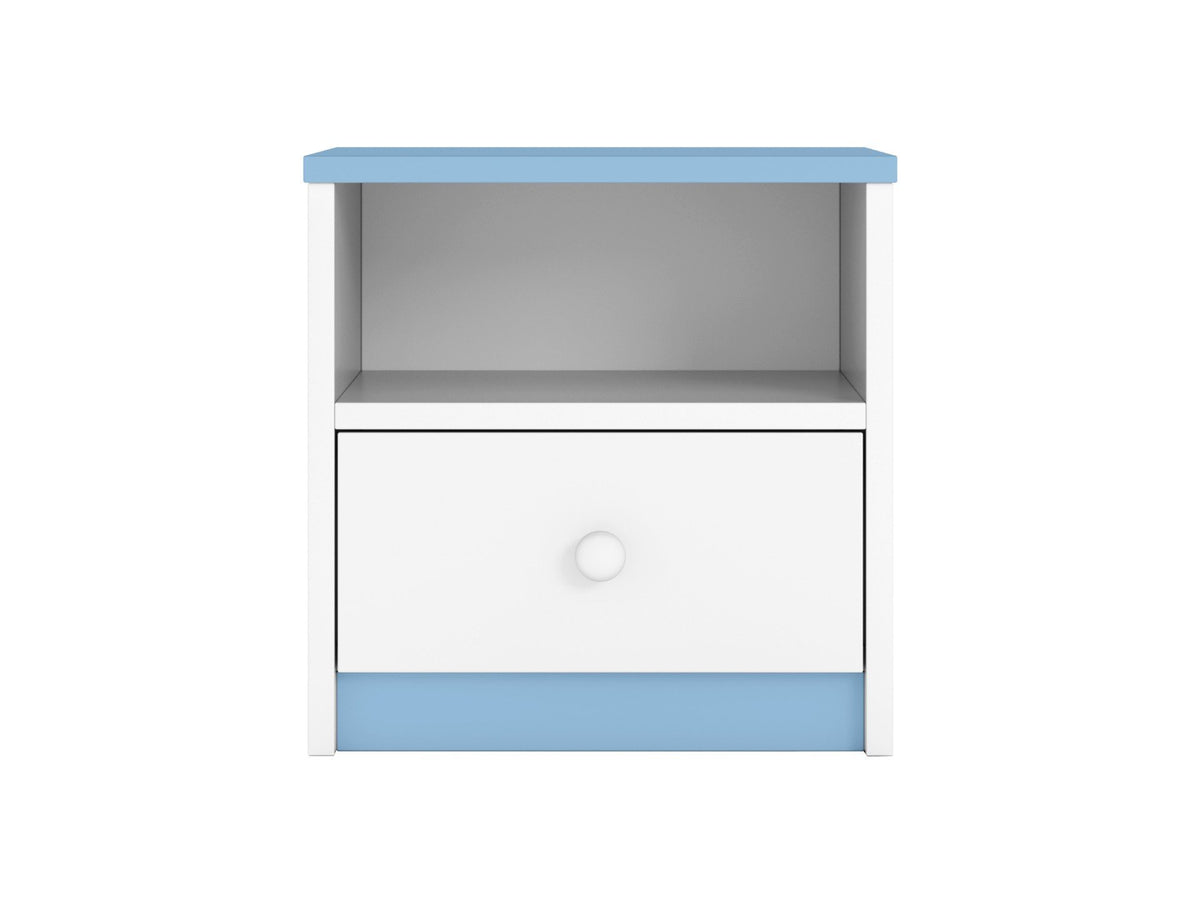 5. Studio shot of blue and white bedside table with open shelf and drawer