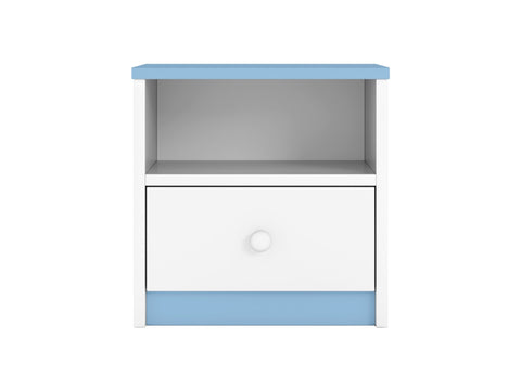 5. Studio shot of blue and white bedside table with open shelf and drawer