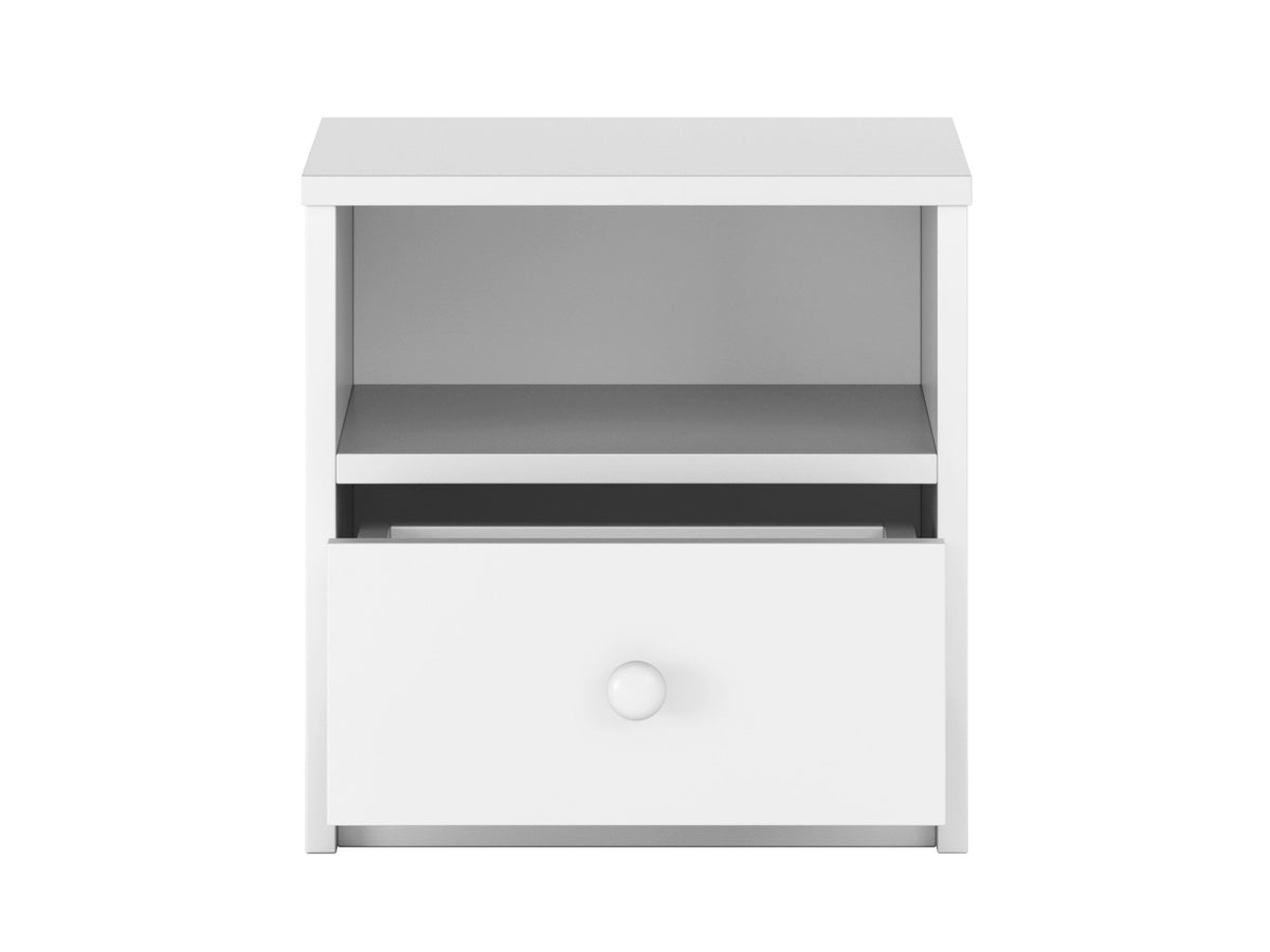 9. Studio shot of white bedside table with open shelf and drawer