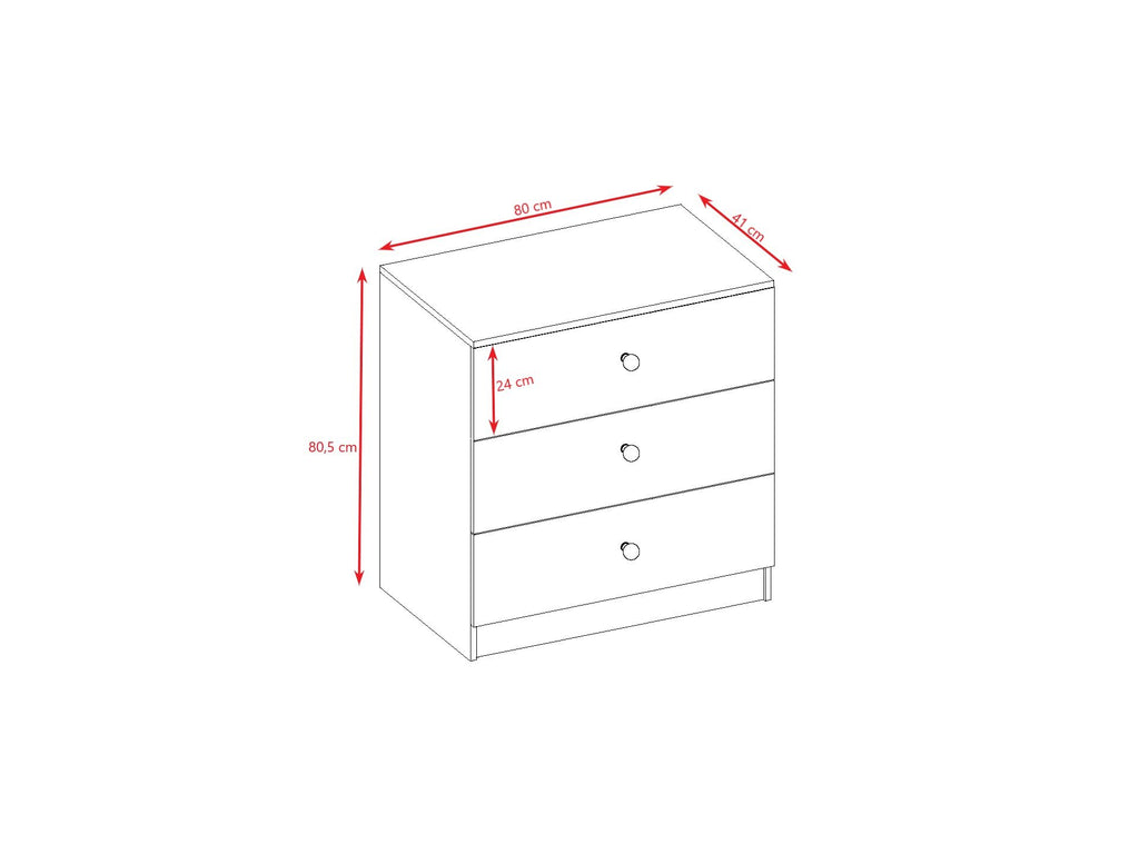 6. Size chart for Babydreams chest of drawers showing dimensions in centimeters