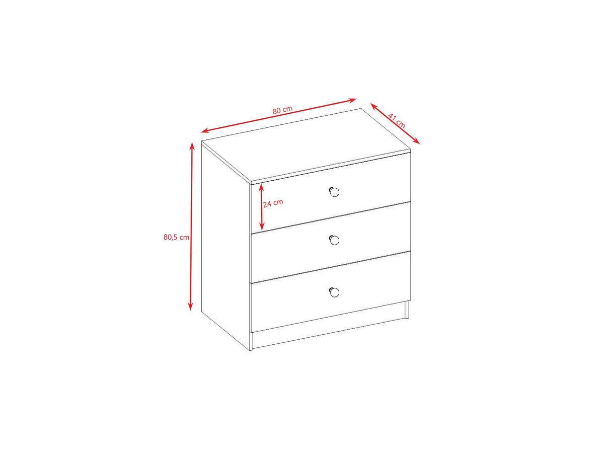 6. Size chart for Babydreams chest of drawers showing dimensions in centimeters