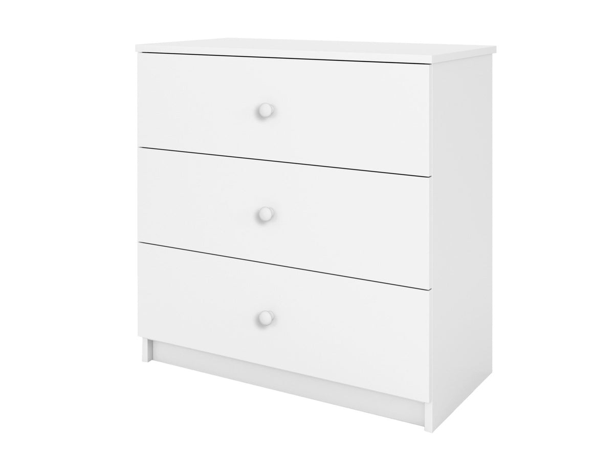 11. Angled view of white Babydreams chest of drawers with three drawers
