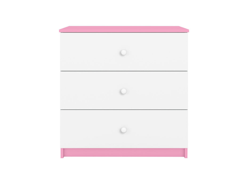 2. White chest of drawers with pink accents from the Babydreams collection in a studio setting