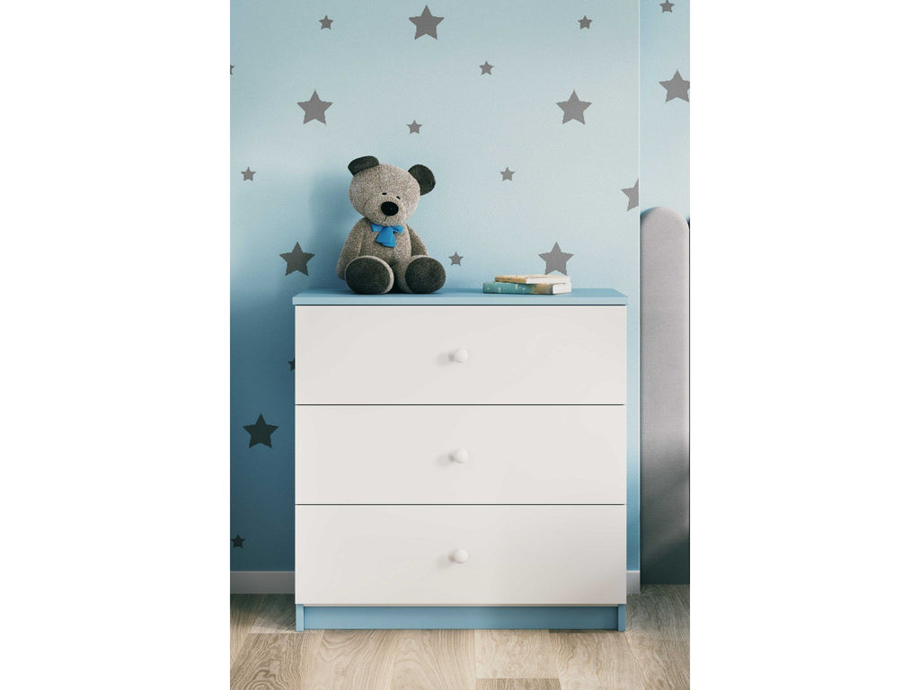 9. Babydreams chest of drawers with blue accents in a child's room with star wallpaper