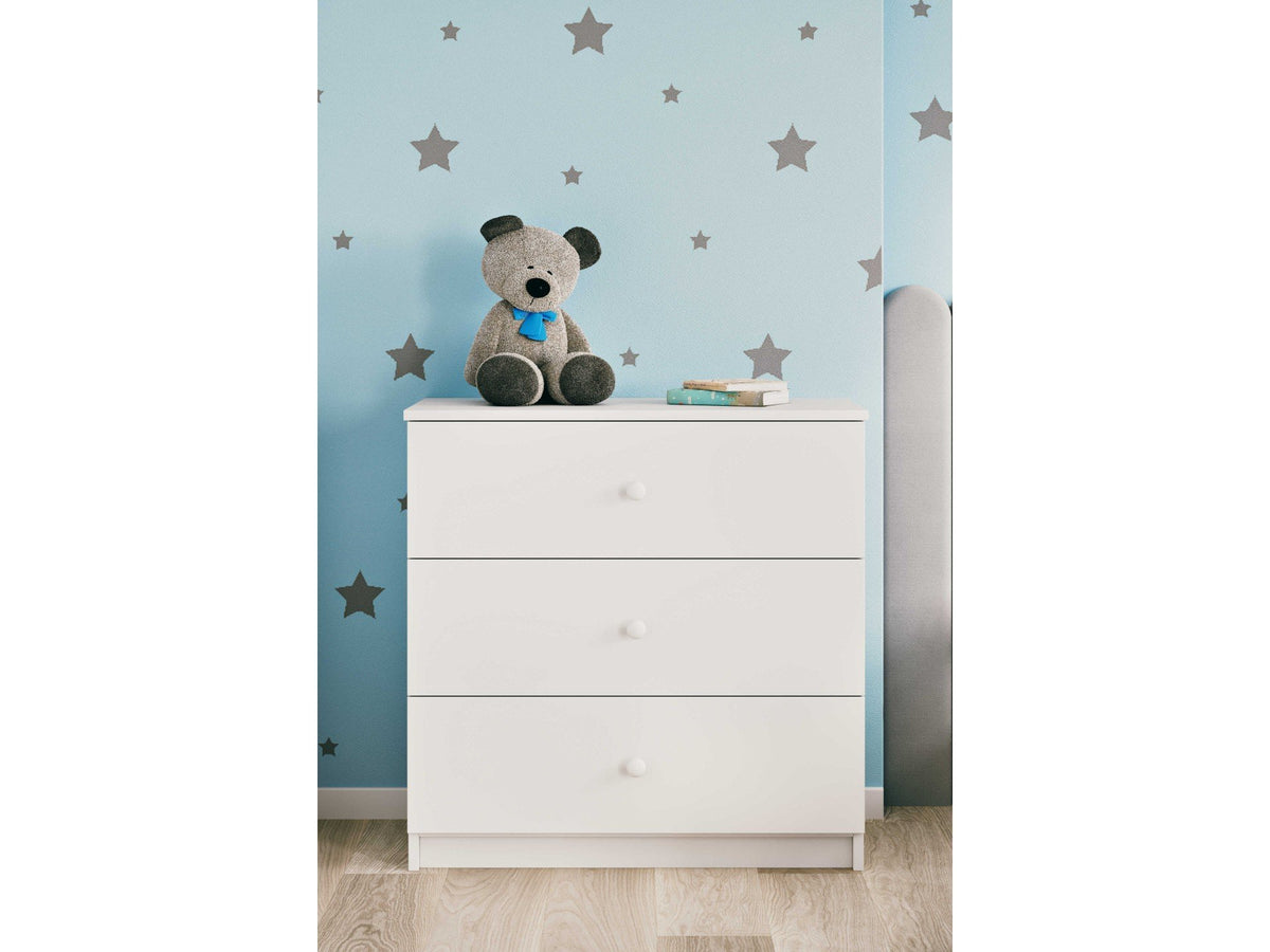12. Babydreams chest of drawers in a child's room with star wallpaper and a teddy bear on top