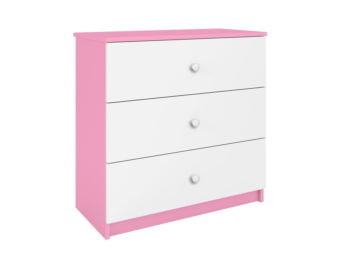 3. Angled view of white and pink Babydreams chest of drawers with three drawers