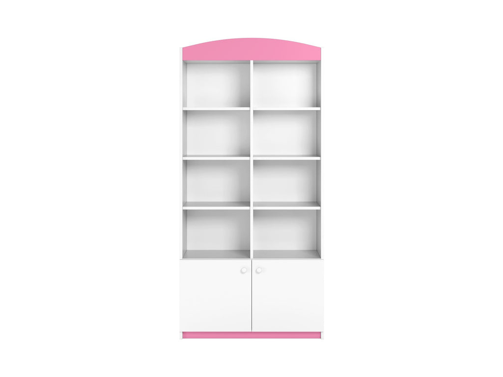 2. White and pink Babydreams double shelf with open and closed shelving, studio shot