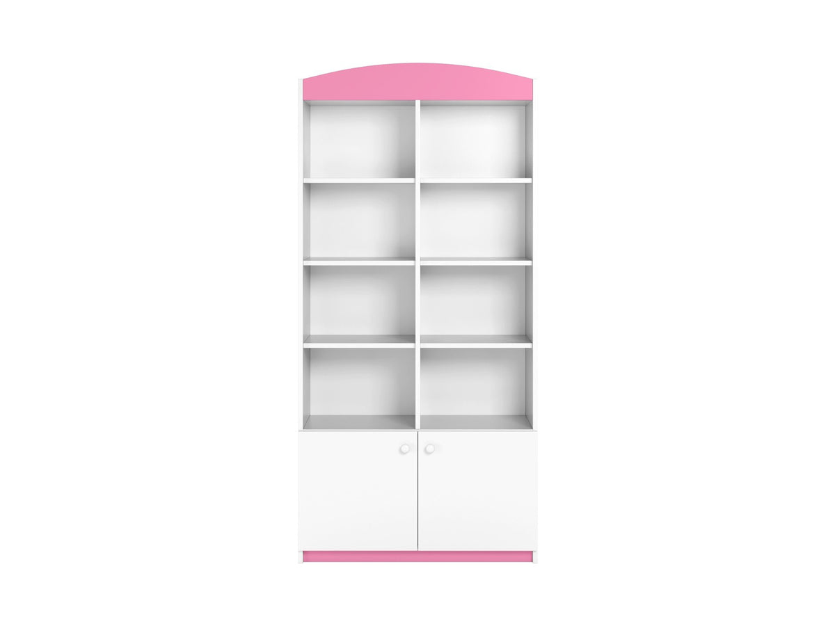 2. White and pink Babydreams double shelf with open and closed shelving, studio shot