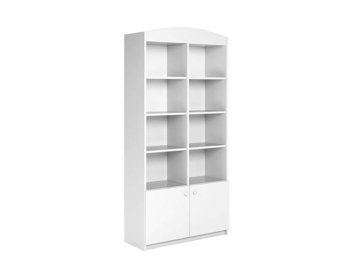 2. Angled view of white Babydreams double shelf with open and closed shelving, studio shot
