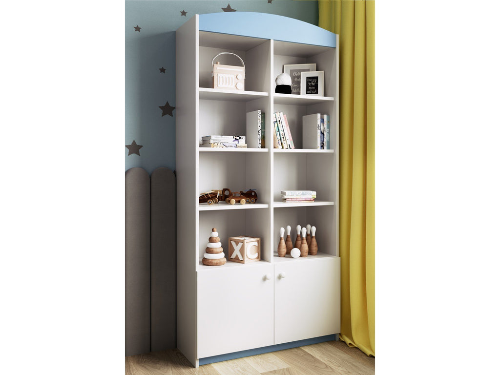 1. Blue and white Babydreams double shelf in a child's room with toys and books