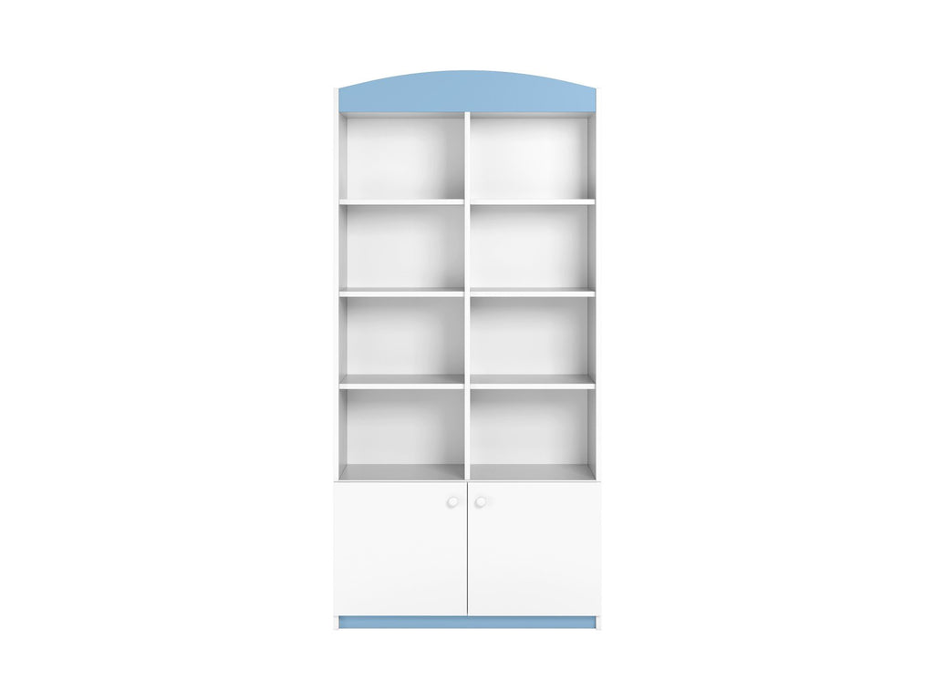 2. White and blue Babydreams double shelf with open and closed shelving, studio shot
