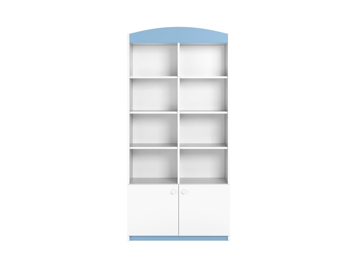 2. White and blue Babydreams double shelf with open and closed shelving, studio shot