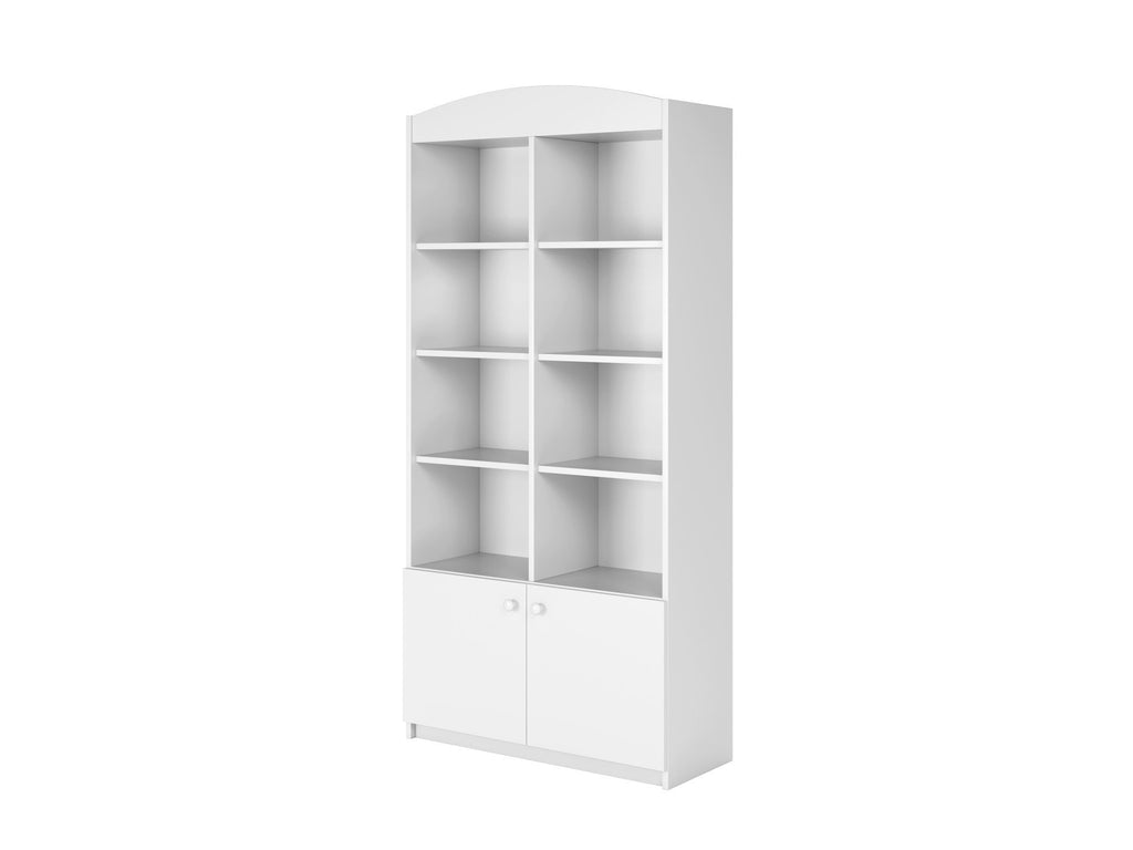 2. Angled view of white Babydreams double shelf with open and closed shelving, studio shot