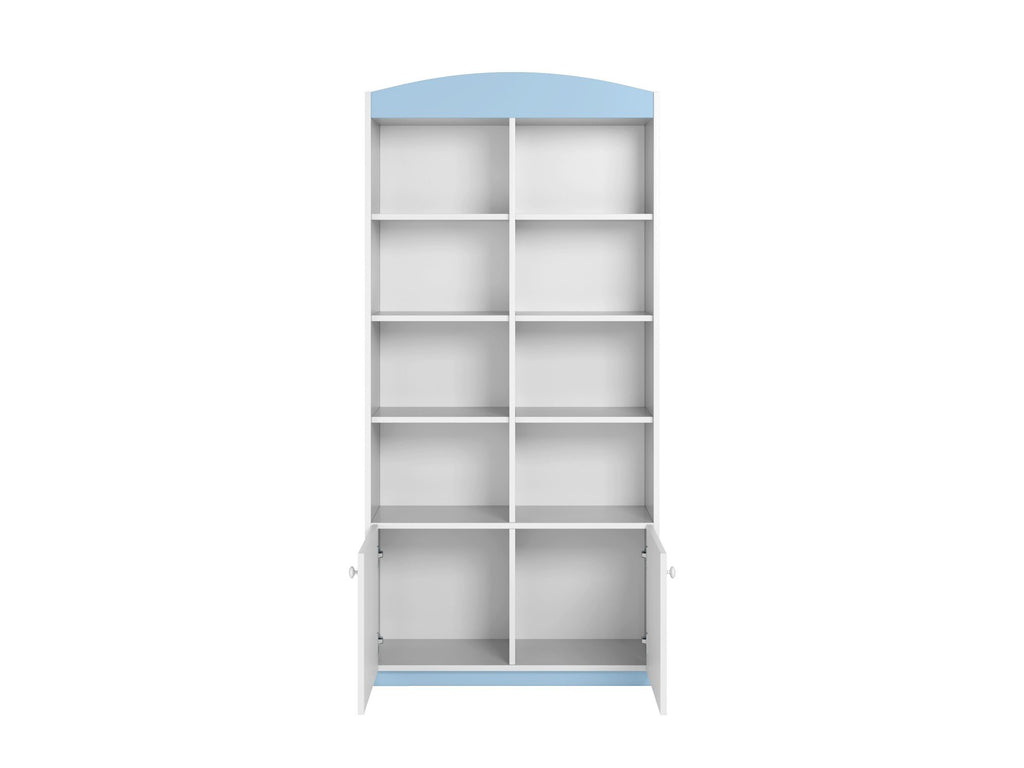 3. White and blue Babydreams double shelf with open doors showing interior storage