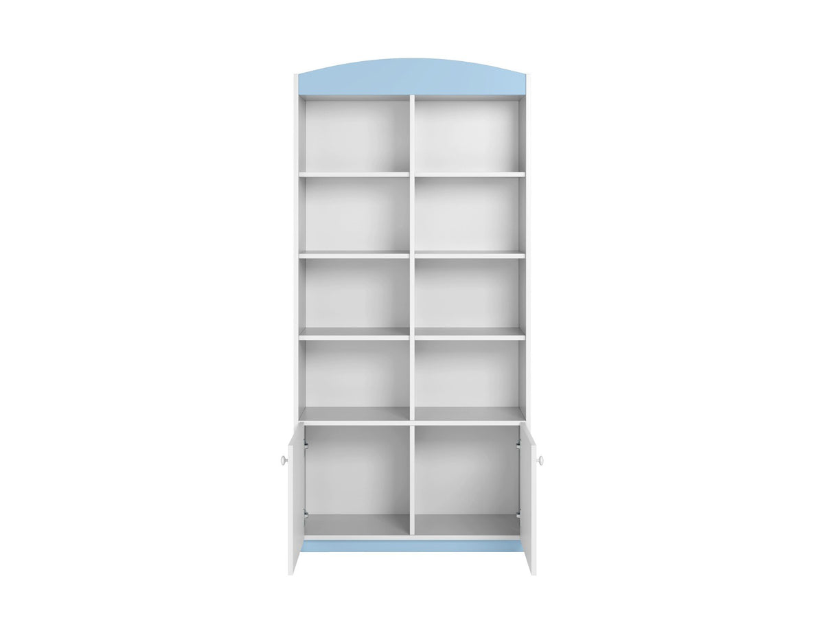 3. White and blue Babydreams double shelf with open doors showing interior storage