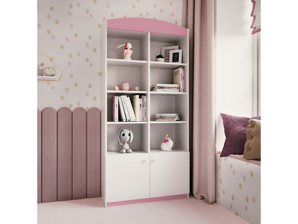 1. Pink and white Babydreams double shelf in a child's room with toys and books