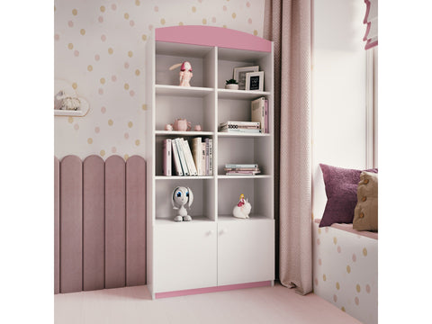 1. Pink and white Babydreams double shelf in a child's room with toys and books