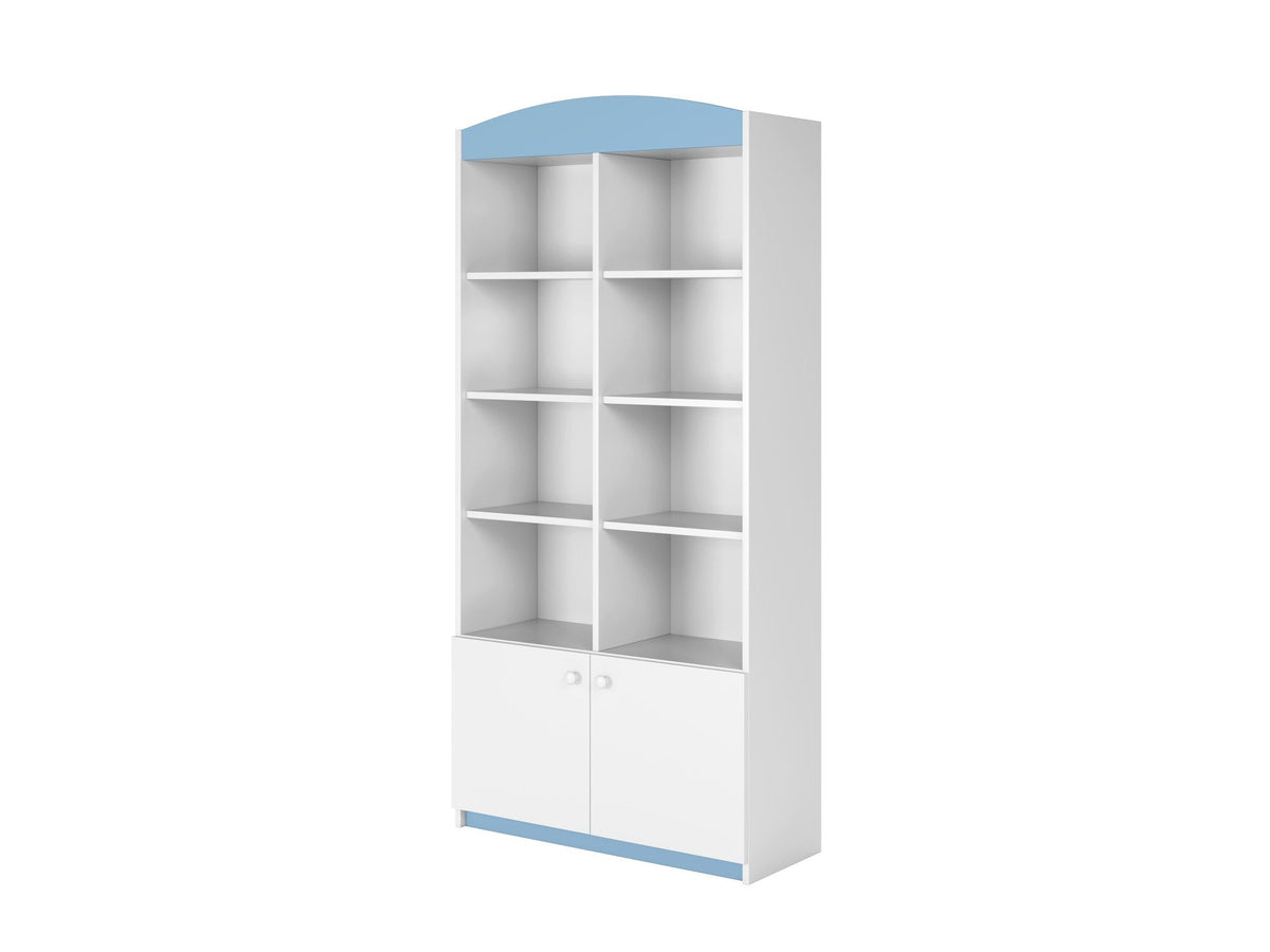 2. Angled view of white and blue Babydreams double shelf with open and closed shelving, studio shot