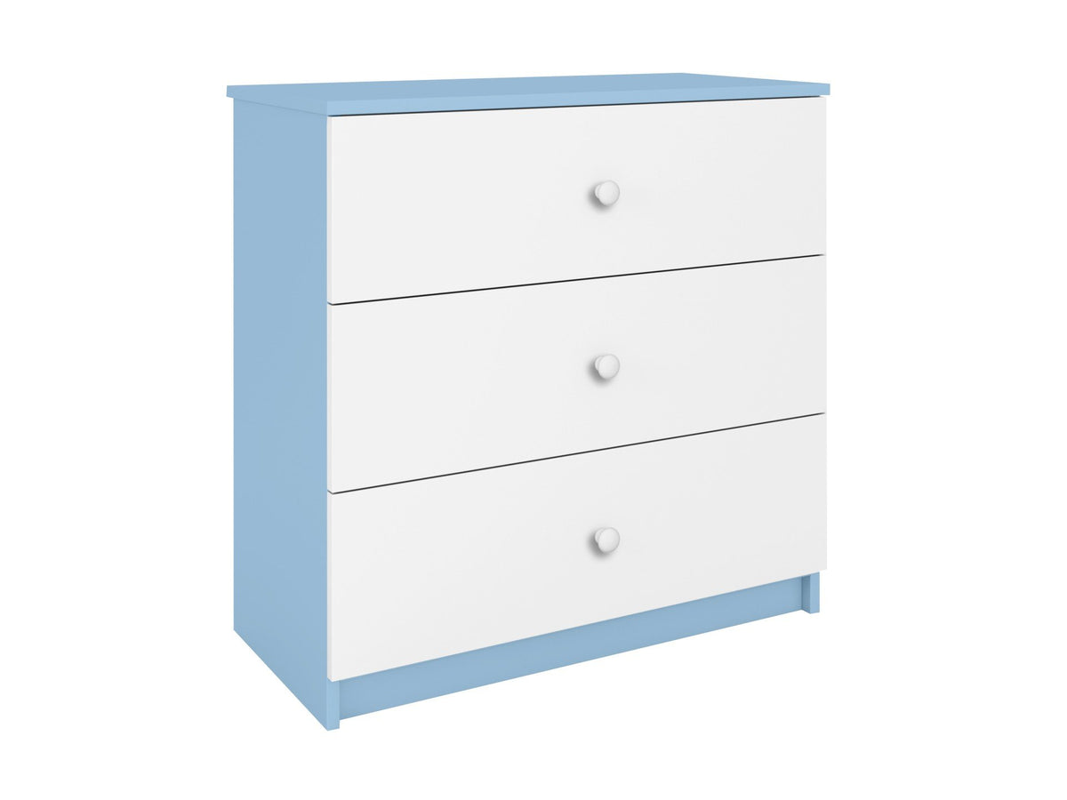 7. Angled view of white and blue Babydreams chest of drawers with three drawers