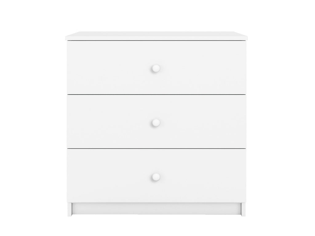 1. White Babydreams chest of drawers with three spacious drawers in a studio setting