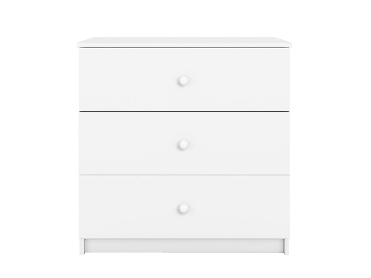 1. White Babydreams chest of drawers with three spacious drawers in a studio setting