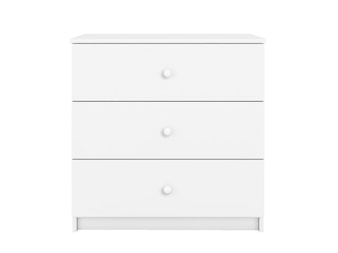 1. White Babydreams chest of drawers with three spacious drawers in a studio setting