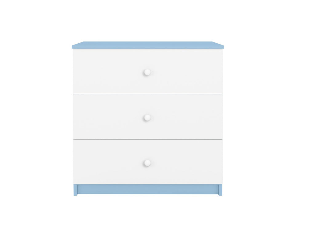 8. White chest of drawers with blue accents from the Babydreams collection in a studio setting