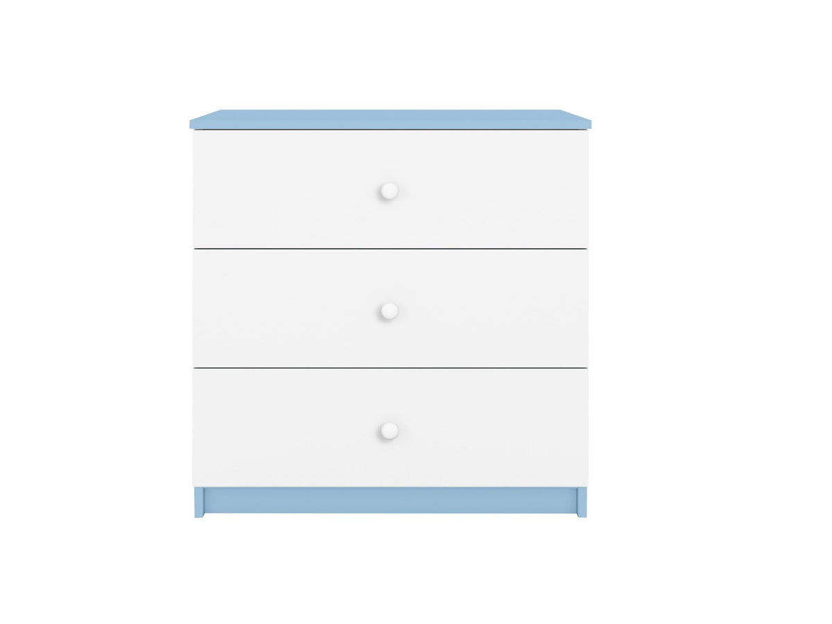 8. White chest of drawers with blue accents from the Babydreams collection in a studio setting
