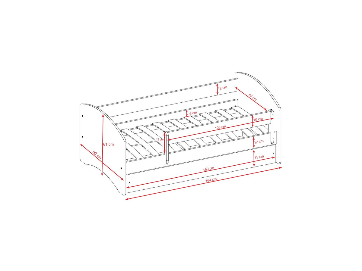 5. Size chart for children's bed showing dimensions and guardrail placement