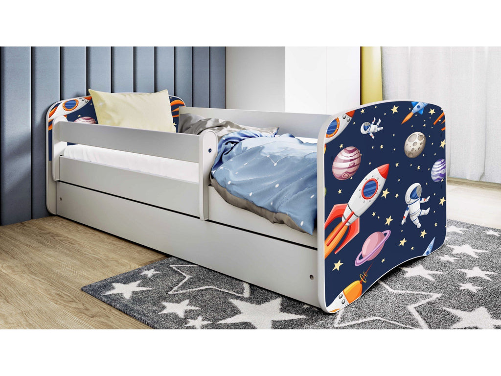 6. Children's bed with cosmos theme in bedroom setting, featuring space graphics and bedding