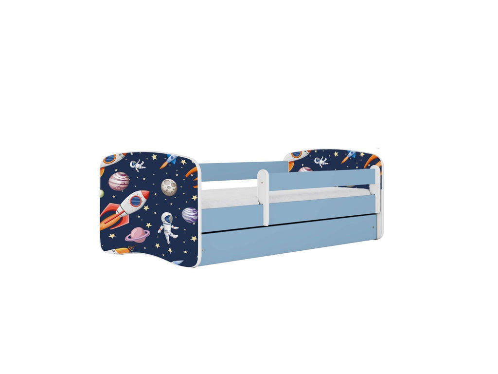 4. Blue children's bed with cosmos design, featuring safety guardrail and closed drawer