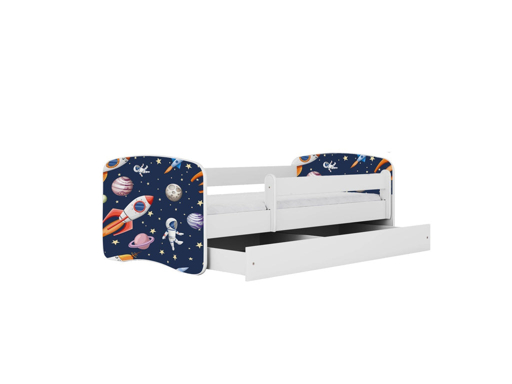 7. White children's bed with cosmos-themed graphics and open storage drawer