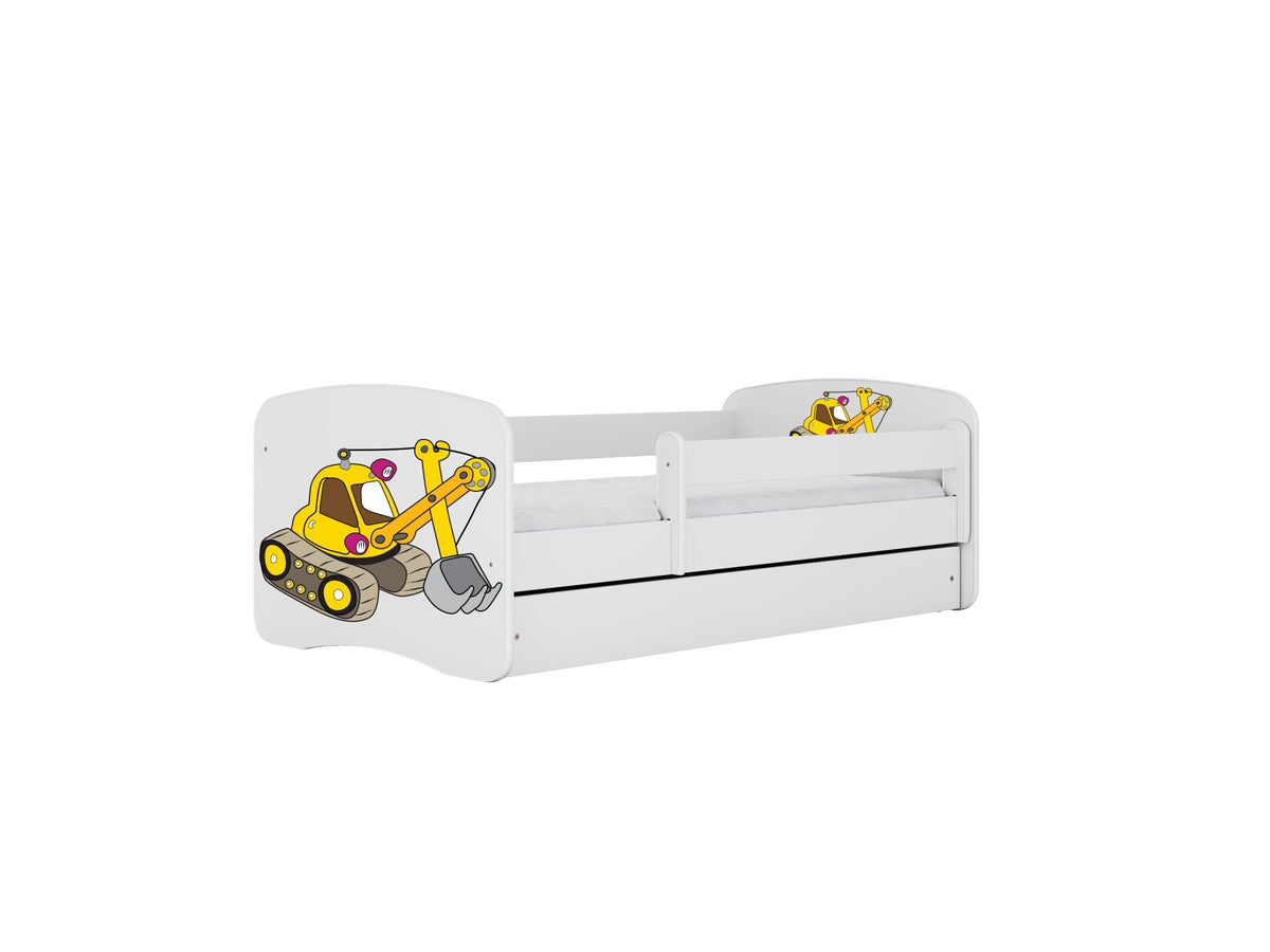 1. White children's bed with yellow excavator design and guardrail, shown in a studio setting