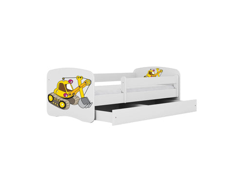 3. White children's bed with yellow excavator design and open drawer, shown in a studio setting