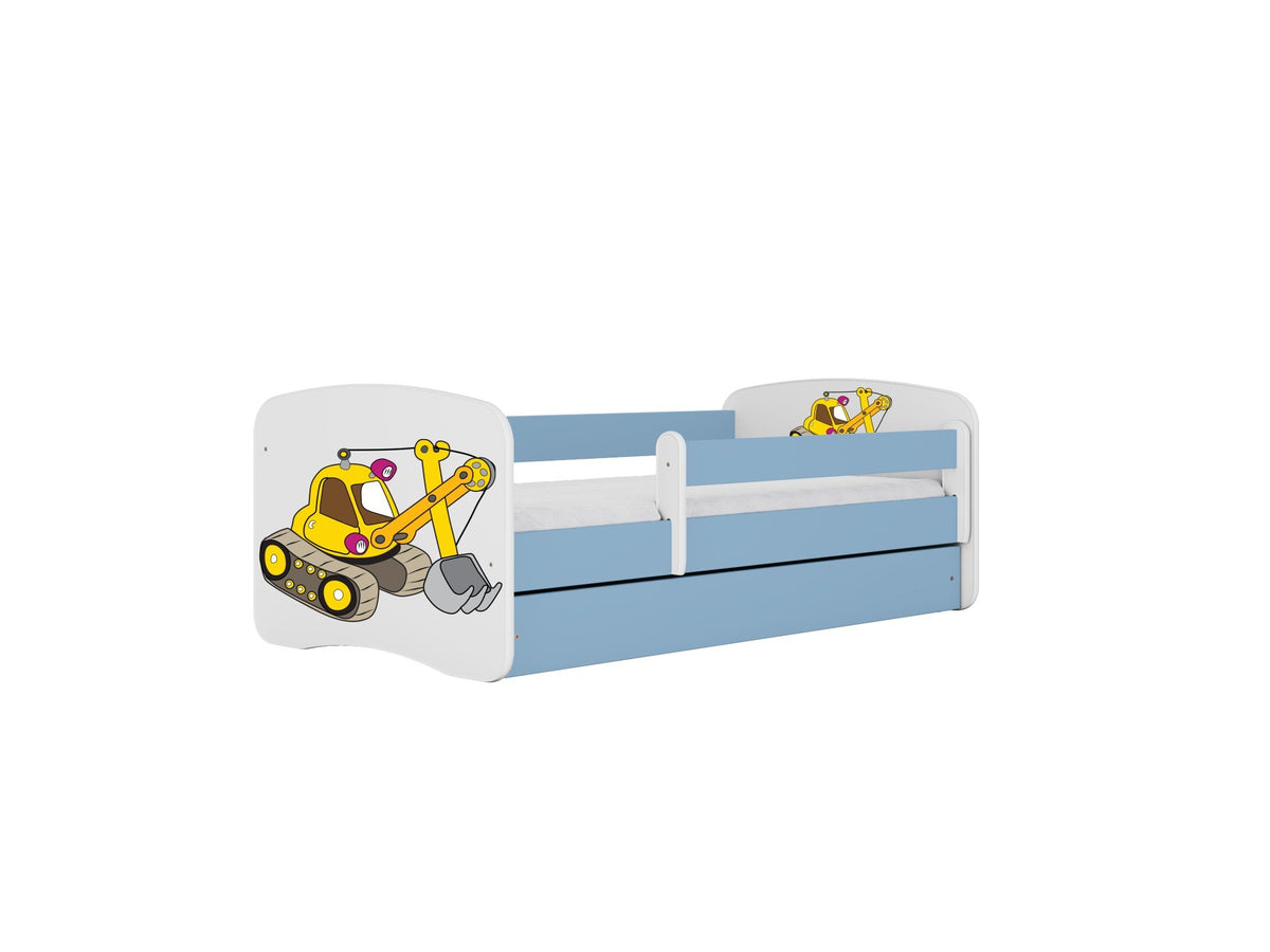 4. Blue and white children's bed with yellow excavator design and guardrail, shown in a studio setting