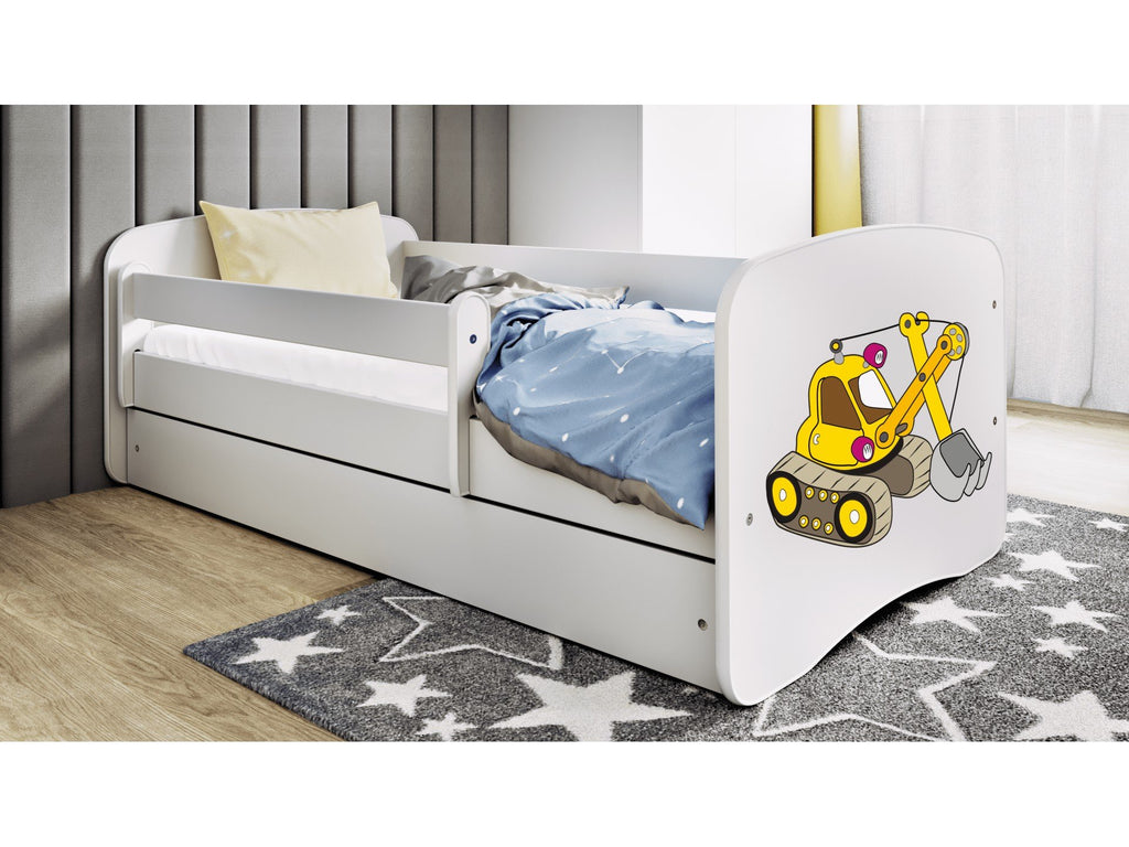 1. White children's bed with yellow excavator design in a cozy bedroom setting with star-patterned rug