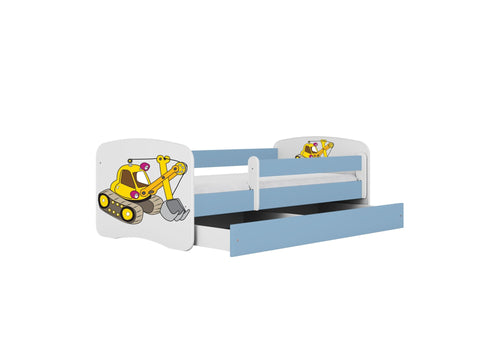 2. Blue and white children's bed with yellow excavator design and open drawer, shown in a studio setting
