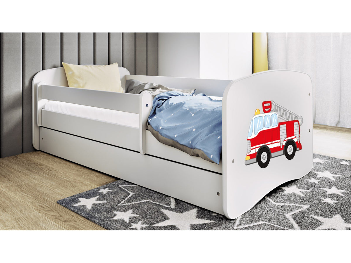 4. White children's bed with fire truck design in a cozy bedroom, featuring blue bedding and star-patterned rug