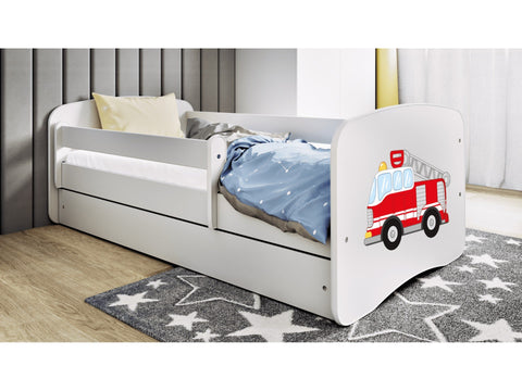 4. White children's bed with fire truck design in a cozy bedroom, featuring blue bedding and star-patterned rug