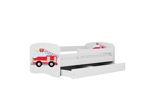 2. White children's bed with fire truck design and open drawer, studio setting