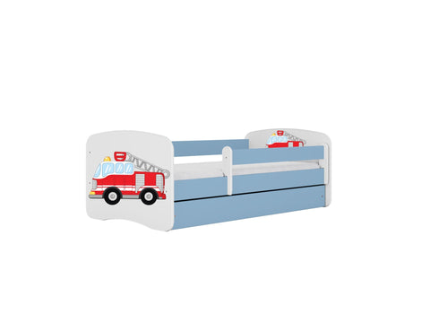 5. Blue and white children's bed with fire truck design and guardrail, studio setting