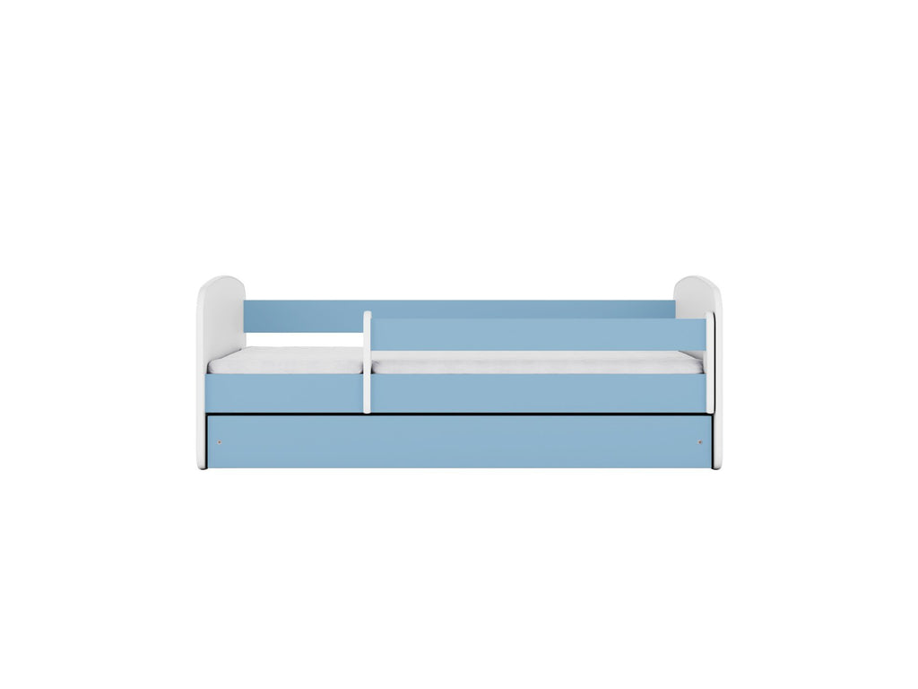 2. Front view of blue and white children's bed with guardrail, shown in a studio setting