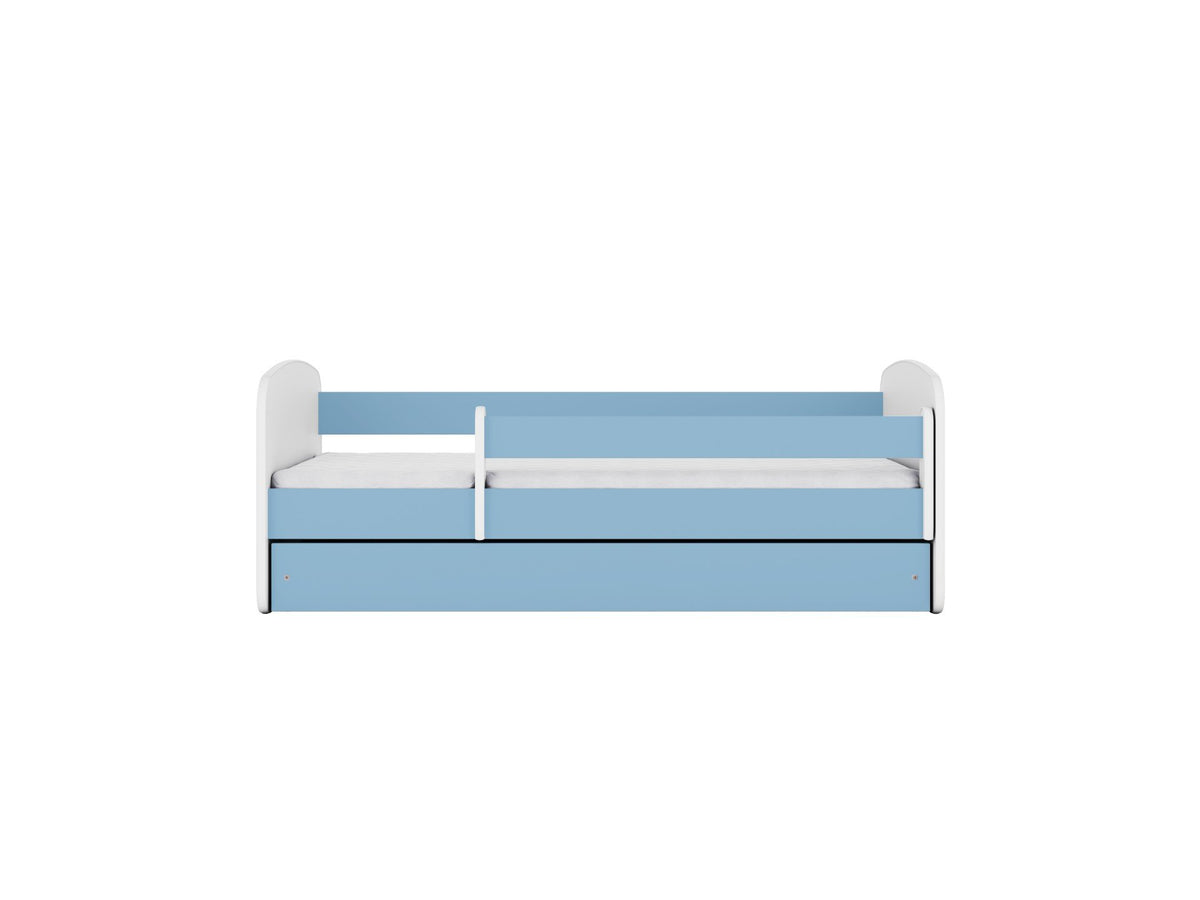 2. Front view of blue and white children's bed with guardrail, shown in a studio setting