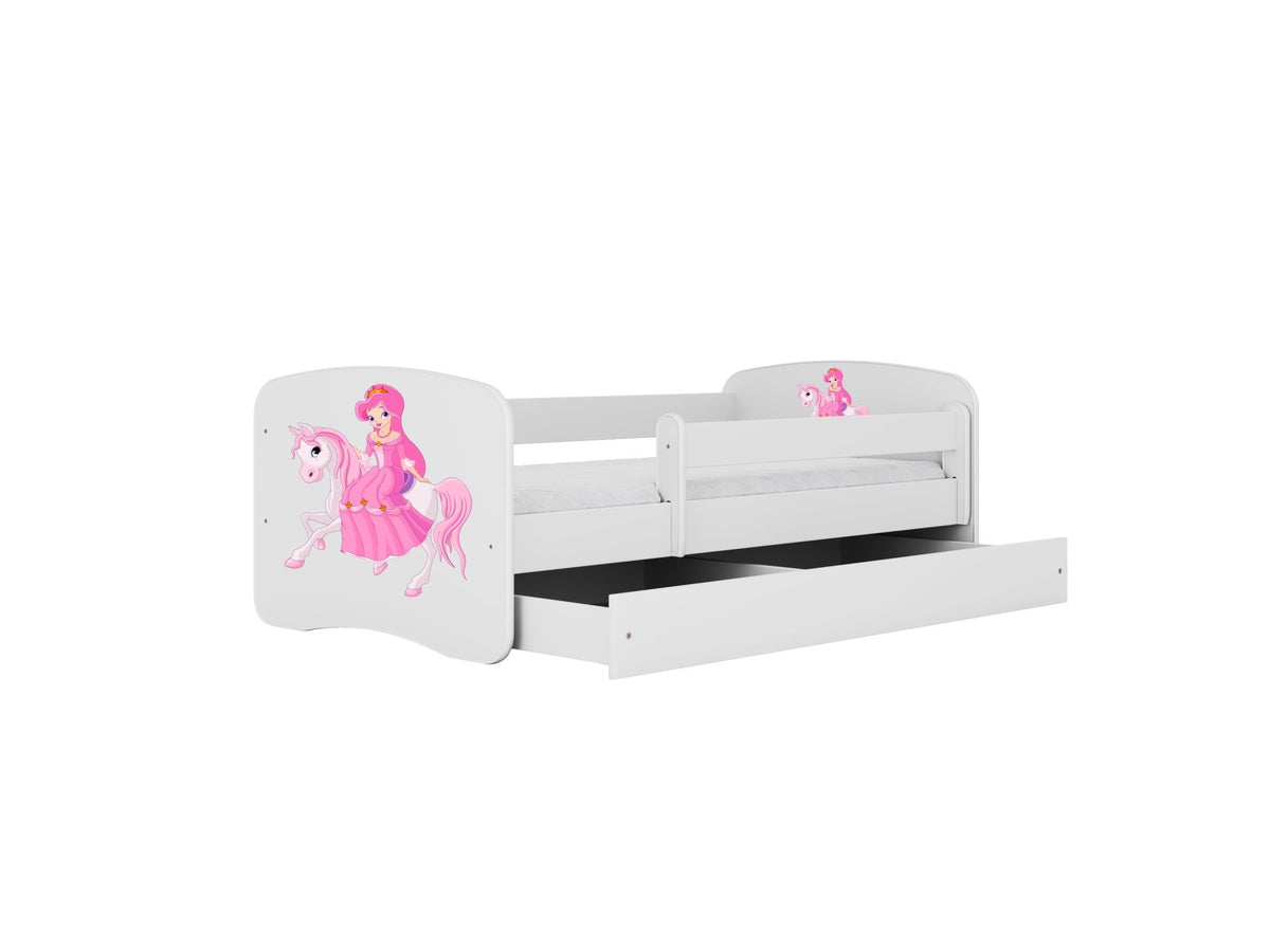 8. White children's bed with princess design and open storage drawer, highlighting functionality in studio setting.