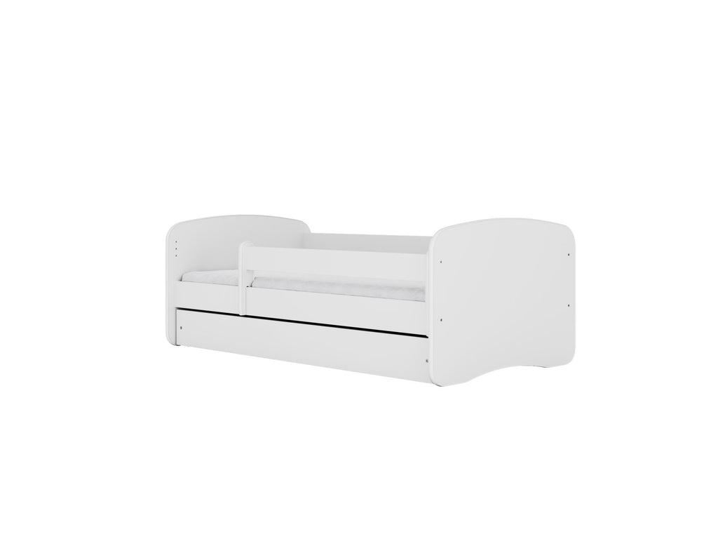 4. White children's bed with guardrail, shown from back angle, highlighting smooth rounded edges in studio.