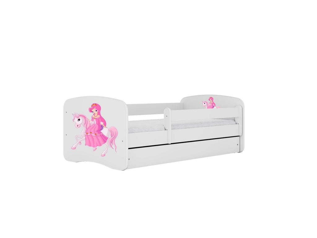 1. White children's bed with pink princess and horse design, featuring a guardrail and storage drawer, shown in a studio setting.